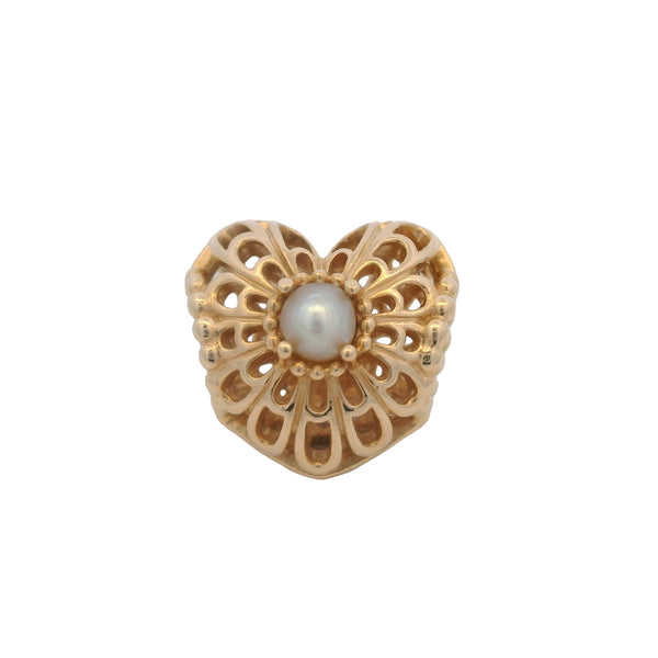 Charm Pandora de corazón calado en oro amarillo macizo de 14 k con perla cultivada de la colección Día de la Madre 2014 (ALE 585)