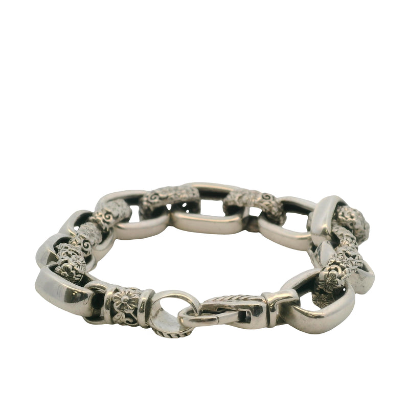 Jai by John Hardy 924 Sterling Silver Forget Me Not Wide Link Chain Bracelet 8.5"