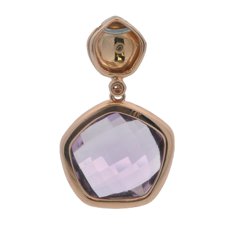 Solid 14kt Rose Gold, Amethyst, and Diamond Abstract Pentagon Necklace Pendant