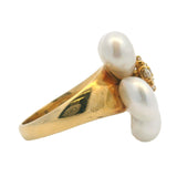 Solid 18kt Yellow Gold Freshwater Pearl and Diamond Cluster Flower Cocktail Ring Size 8.5