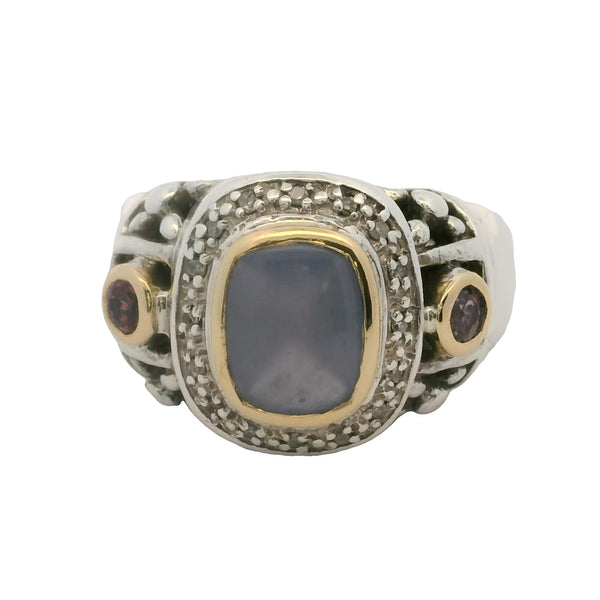 Anillo de cóctel de plata de ley 925 y oro amarillo de 18 kt con halo de calcedonia, rubí y diamantes, talla 8