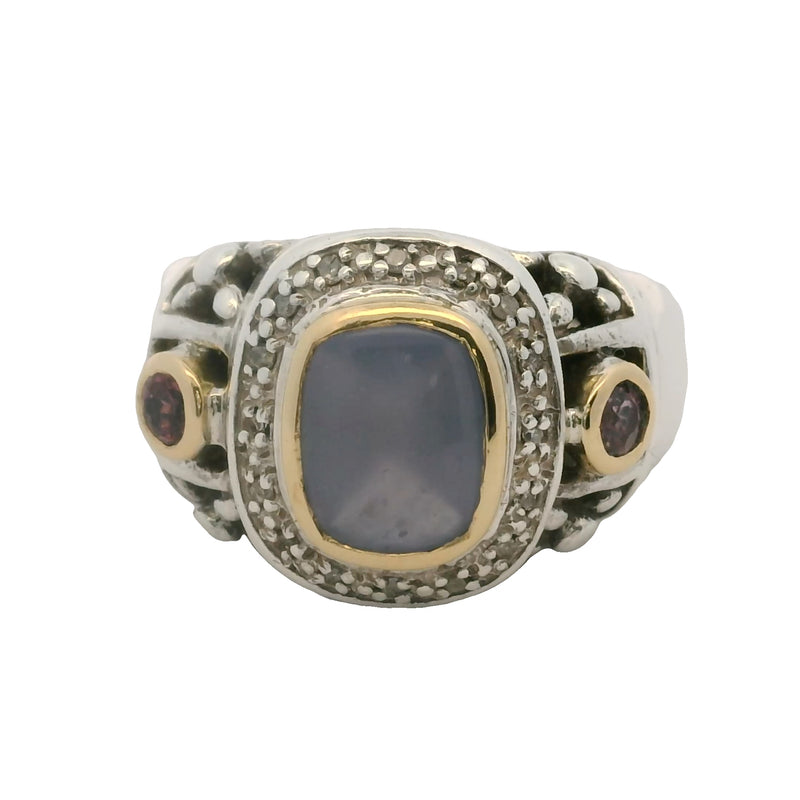 Anillo de cóctel de plata de ley 925 y oro amarillo de 18 kt con halo de calcedonia, rubí y diamantes, talla 8