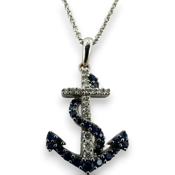 EFFY Solid 14K White Gold Sapphire & Diamond Cross & Anchor Pendant Necklace with Adjustable 16-18" Chain