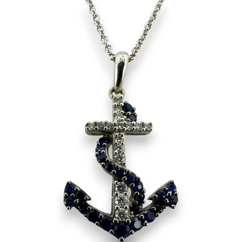 EFFY Solid 14K White Gold Sapphire & Diamond Cross & Anchor Pendant Necklace with Adjustable 16-18" Chain