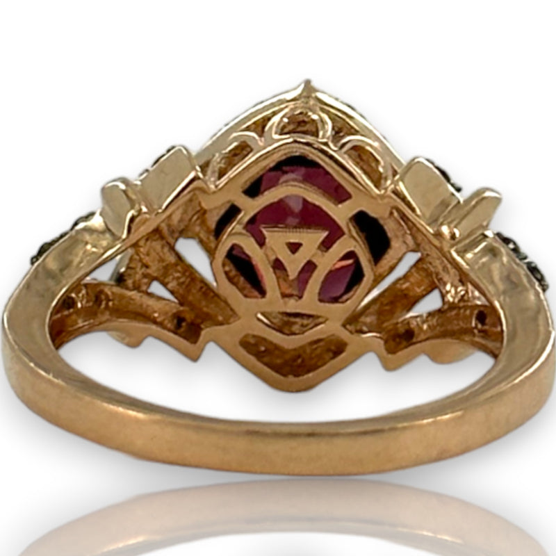 LeVian 14kt Solid Rose Gold Raspberry Rhodolite Garnet Ring with Accent Chocolate Cognac and White Vanilla Diamonds Size 7