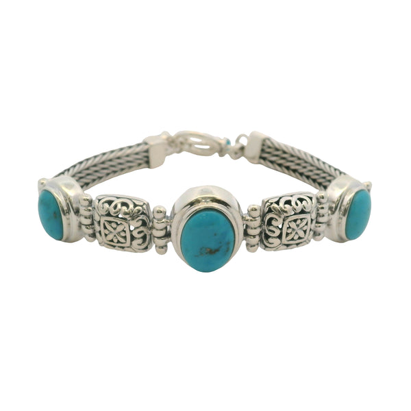 Solid 925 Sterling Silver and Cabochon Blue Turquoise Braided Toggle Bracelet 8"