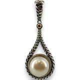 EFFY Jewelry Solid 925 Sterling Silver Braid Detail and 18kt Yellow Gold 1.7" Long Dangle Pendant with Large South Sea Pearl Charm