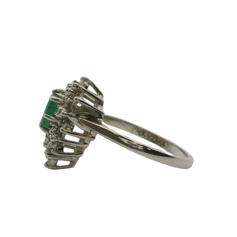 14kt White Gold and Pear Cut Emerald Ring with Cluster Diamond Halo Size 6.25