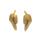 Vintage 1950s Italian Solid 18kt Yellow Gold and Lab Ruby Leaf Clip Earrings
