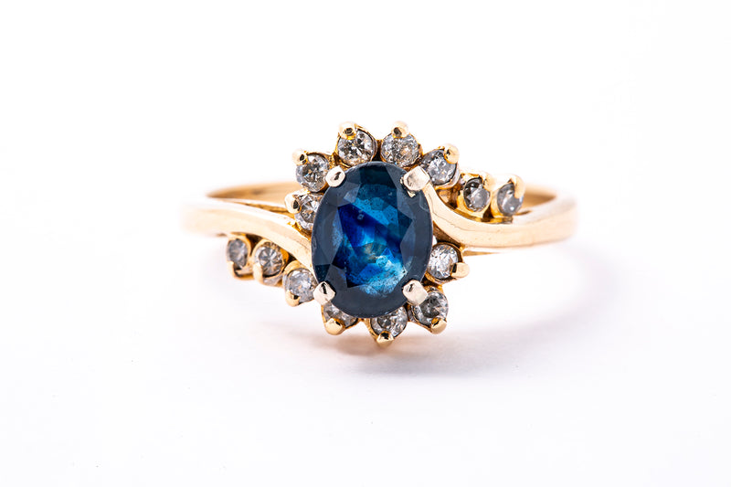 Natural Sapphire & Diamond Accent Cocktail Band 14K 585 Yellow Gold Ring S 7 1/2