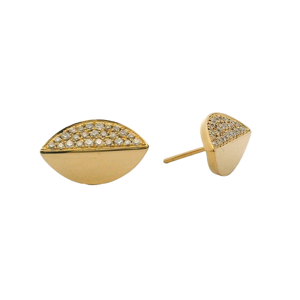 Solid 18kt Yellow Gold and 1/2ctw Diamonds Half Split Leaf Stud 17mm Long Earrings