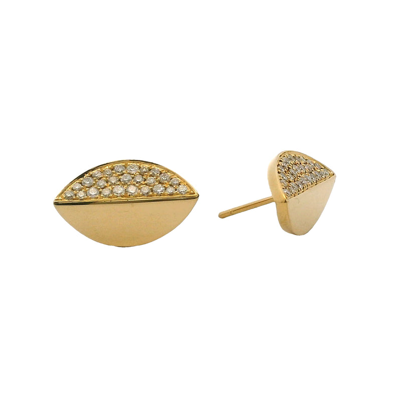 Solid 18kt Yellow Gold and 1/2ctw Diamonds Half Split Leaf Stud 17mm Long Earrings