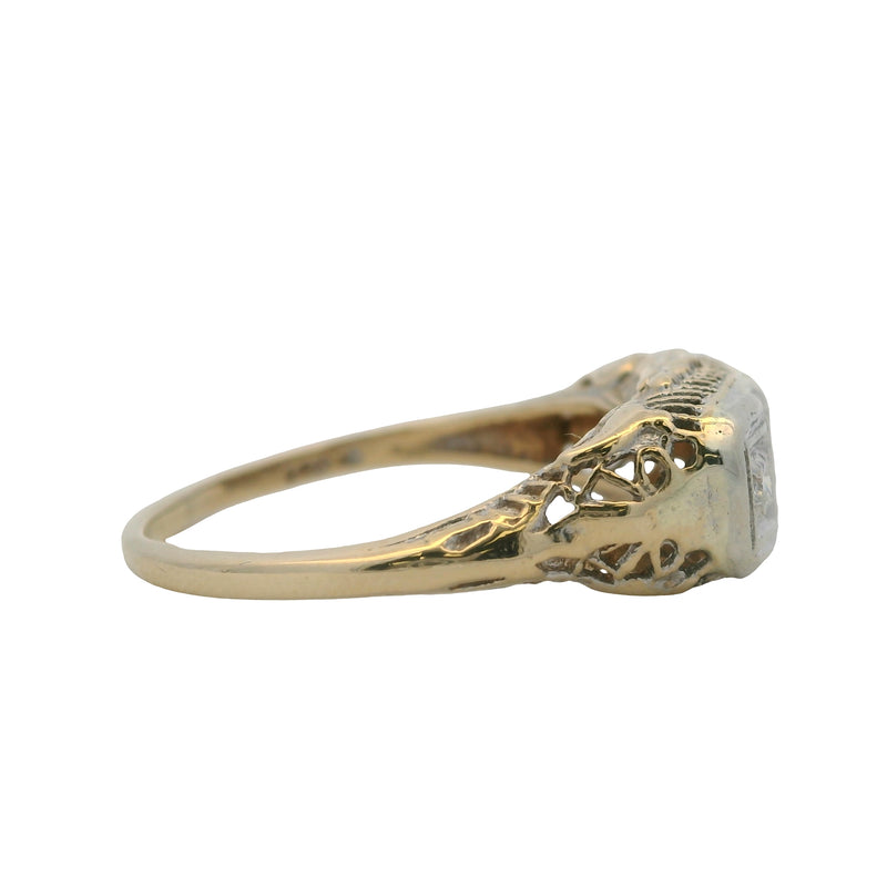 Antique 1920s Deco 14k White and Yellow Gold Filigree 3-Stone Diamond Ring Size 8