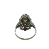 Antique 1920-30s Art Deco 18kt White Gold 3 Diamond and Lab Sapphire Filigree Dinner Ring Size 7.75