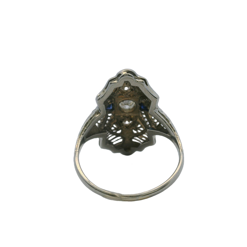 Antique 1920-30s Art Deco 18kt White Gold 3 Diamond and Lab Sapphire Filigree Dinner Ring Size 7.75