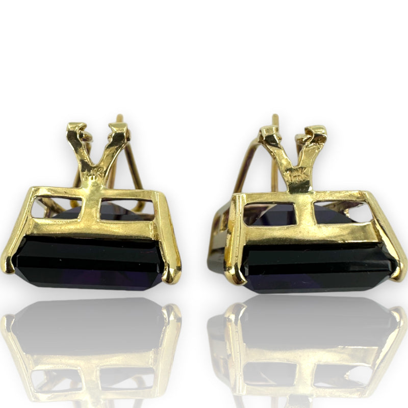 Vintage 1960-80s 14kt Yellow Gold Omega-Back Stud Earrings with Emerald-Cut Russian Amethysts