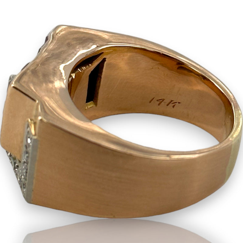 Retro Era 1930s 14kt Rose Gold Interlocking Diamond and Lab Ruby Tank Ring