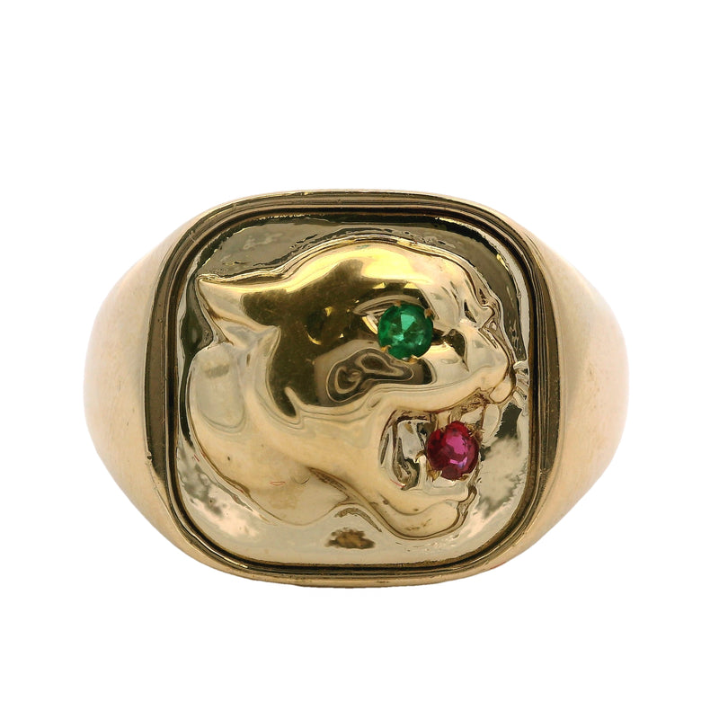 Retired EFFY 14kt Yellow Gold Panther Signet Ring with Emerald and Ruby Size 10