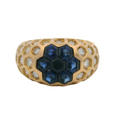 Vintage French Solid 18kt Yellow Gold Sapphire and 1.18ctw Diamond Honeycomb Cocktail Ring Size 6