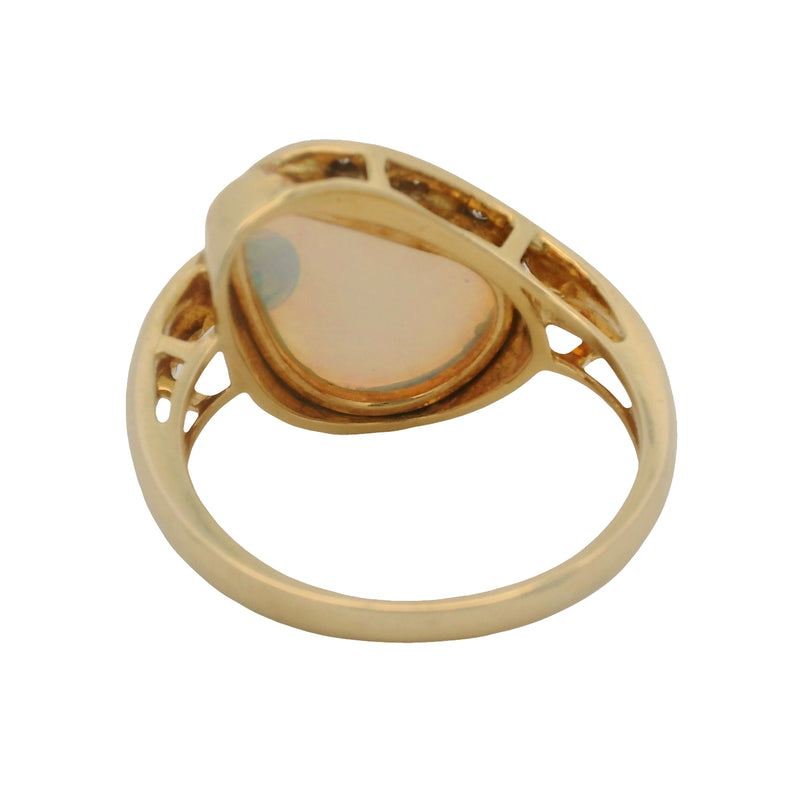 EO Solid 18kt Yellow Gold Asymmetric Cocktail Ring With Stunning Translucent Bezel-Set Fire Opal and 3 Accent Diamonds Size 6.25