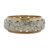 Antique 1930s Solid 2 Tone Gold and 0.84ctw Old Euro Diamond Scroll Filigree 8mm Band Ring Size 8.25
