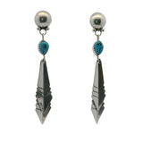 925 Sterling Silver and Turquoise Native American Feather Drop/Dangle 2.8" Earrings