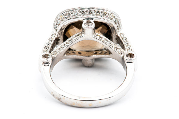 Solid 18kt White Gold and Checkerboard Cut Smokey Quartz Cocktail Ring with Full-Coverage Diamond Halo and Sides