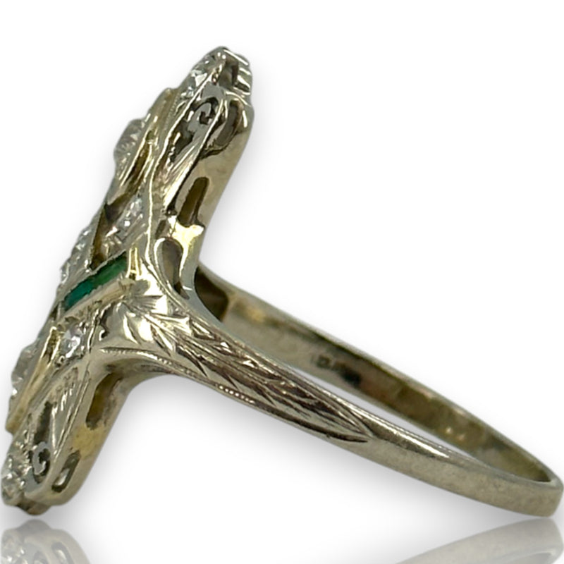1920s Art Deco Era Solid 18kt 23.5mm Long Antique Cut Diamond Dinner Ring with 2 Heart Settings and Emerald Accents Size 10