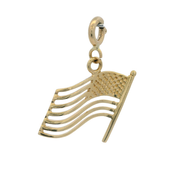 Vintage Solid 14kt Yellow Gold American Flag Dangle Charm Pendant With Spring Ring