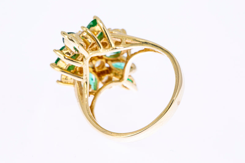 Vintage 1950-70s Diamond & Marquise Emerald Cocktail Cluster 14K 585 Yellow Gold Ring Size 7