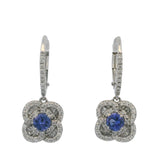 SNJ Jewelers Solid 14kt White Gold 4-Leaf Clover Shaped Drop/Dangle Earrings with Center Sapphires and Round and Baguette Cut Diamonds