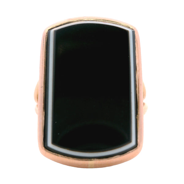 Antique Late Victorian Flat-Top Onyx Banded Black and White Cocktail Ring Size 5.5