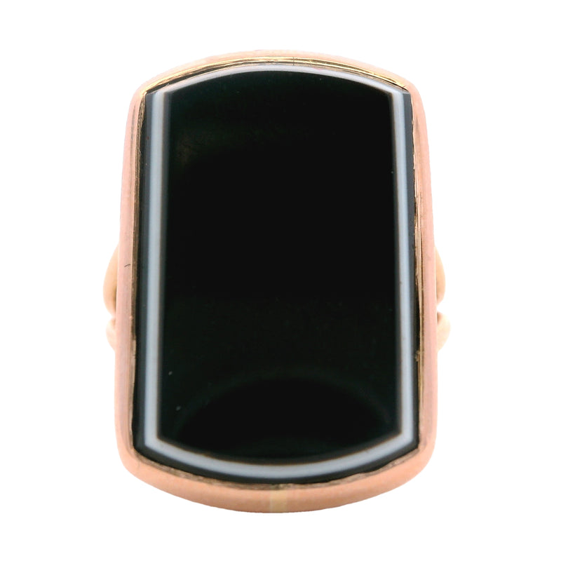 Antique Late Victorian Flat-Top Onyx Banded Black and White Cocktail Ring Size 5.5