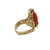 Italian 1980s Brutalist 18kt Yellow Gold and Cabochon Coral Textured Cocktail Ring Size 6