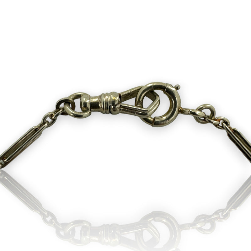1920s Art Deco National Gold Chain Co 14kt White Gold 14" Pocket Watch Engraved Bar Chain Fob