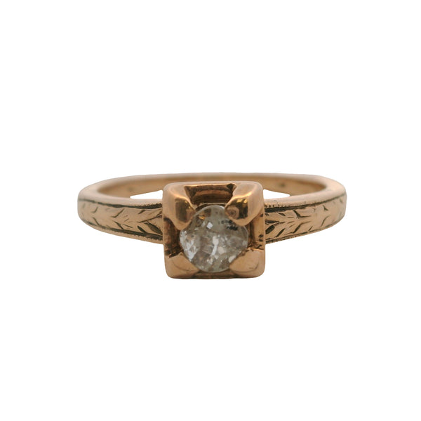 Antique 1880s 14kt Rose Gold 4-Prong Set Old Mine Diamond Square Solitaire Ring Size 6