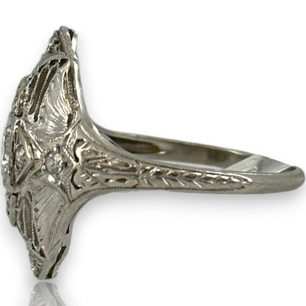 1920s 900 Platinum Art Deco Era Filigree 18mm Dinner Ring with 0.32ctw Diamonds and Milgrain Openwork Details Size 5.75