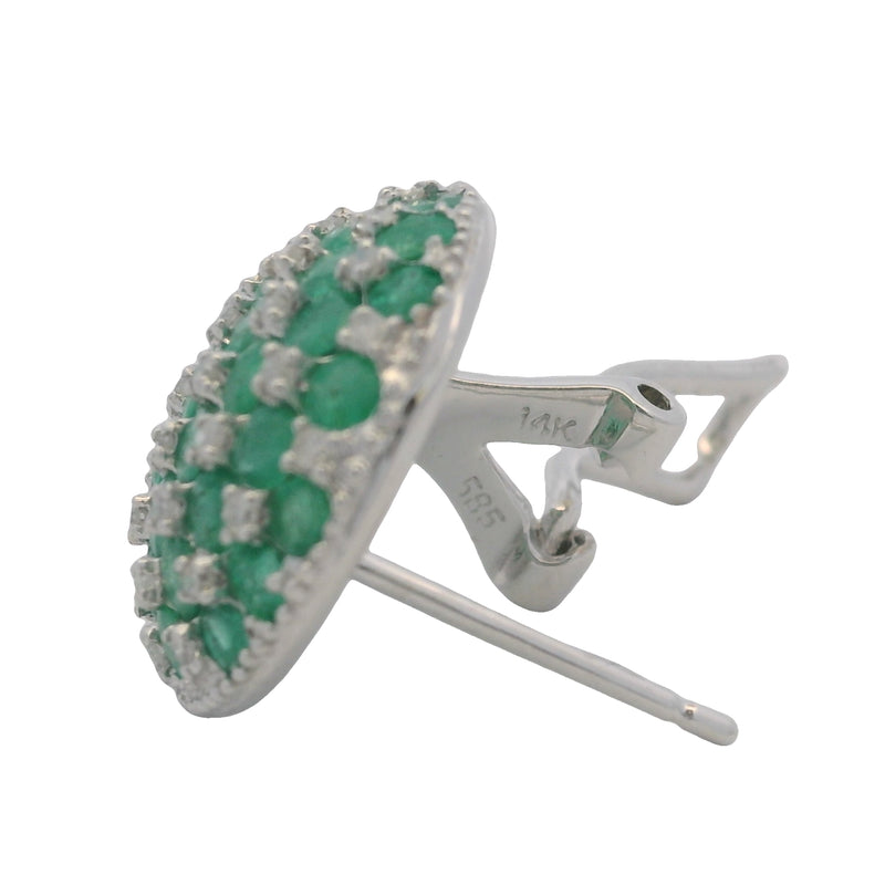 Solid 14kt White Gold Omega-Back Emerald and Diamond Checkerboard Pattern 15mm Earrings
