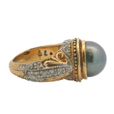 Vintage Solid 14kt 2 Tone Gold Tahitian Pearl Cocktail Ring with Accent Diamonds Size 5