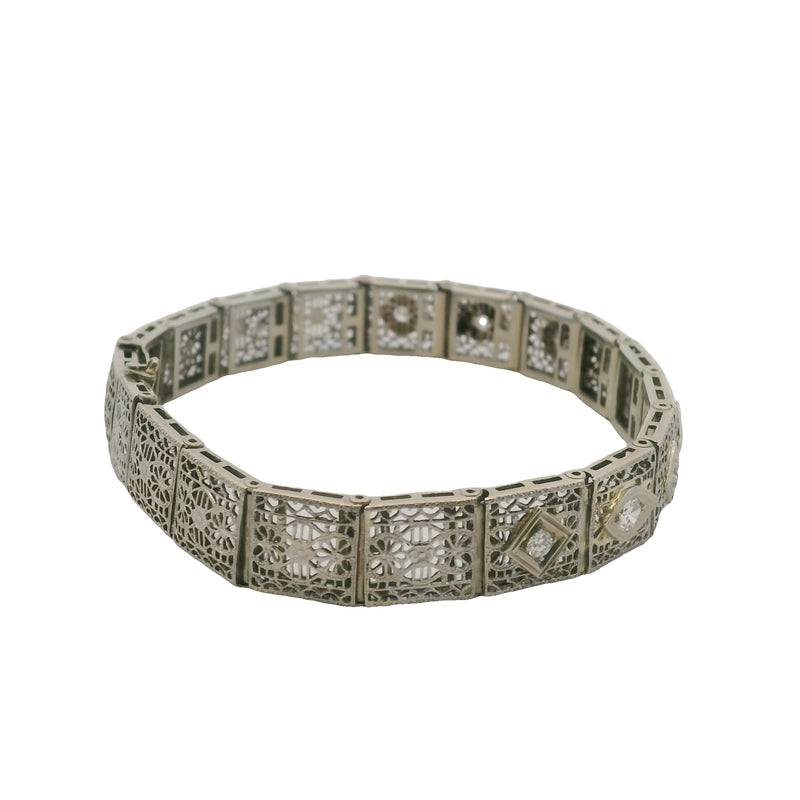 Estate Diamond Filigree Accent 14K 585 White Gold Pierced Bracelet