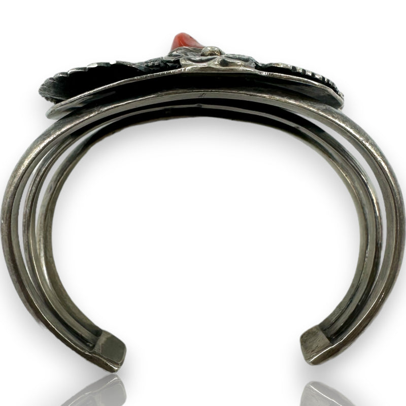 Kelvis Josh Navajo Native American 925 Sterling Silver Large Cuff Bracelet with Natural Pyrite-Included Turquoise and Coral