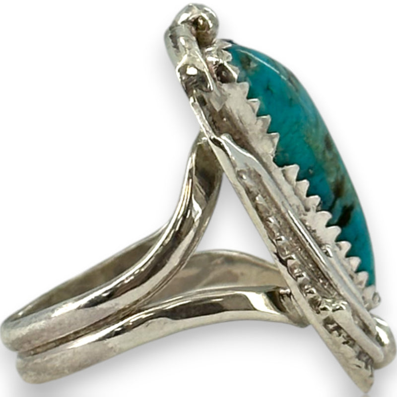 Glen Feszcher Native American 925 Sterling Silver and Turquoise Feather Motif Ring Size 5.5