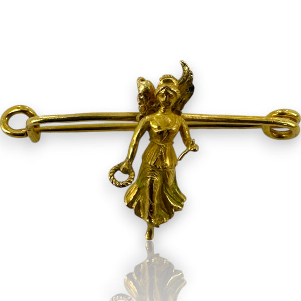 Vintage Solid 18kt Gold Safety/Diaper Pin with Angel of Protection Holding Wreath and Knife