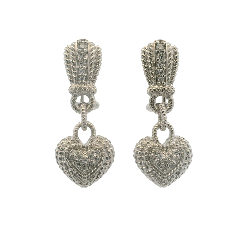 Judith Ripka Solid 925 Sterling Silver and CZ Heart Cluster Drop Dangle Omega-Back Earrings