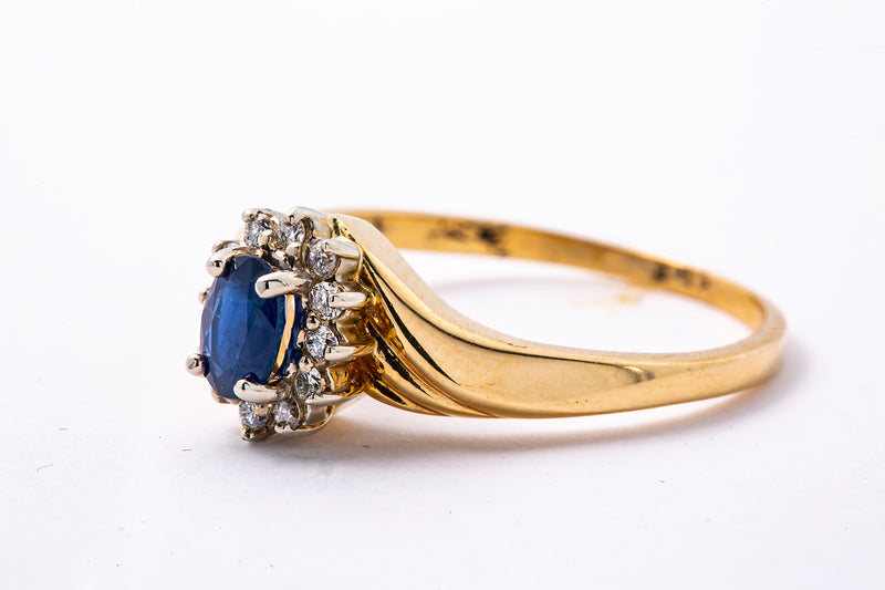 Vintage QG Sapphire & Diamond Halo Accent Band 14K 585 Yellow Gold Ring Size 9 3/4