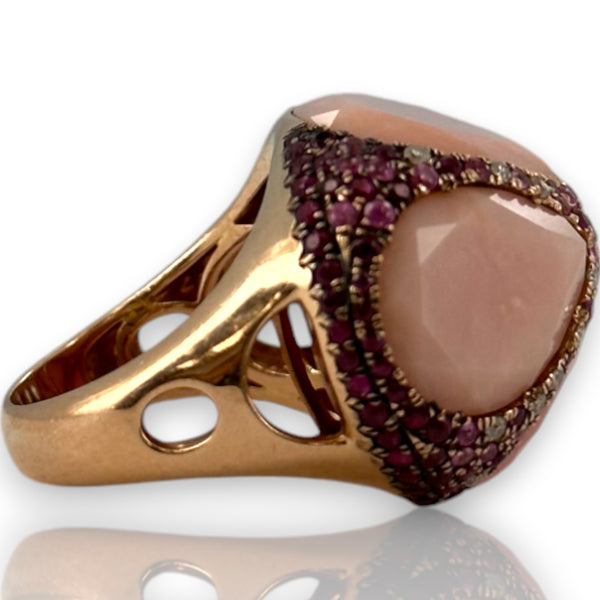 Custom Made Solid 14kt Rose Gold Large Bauble Ring with Simulated Glass Quartz, Lab Rubies, and Diamonds Size 7