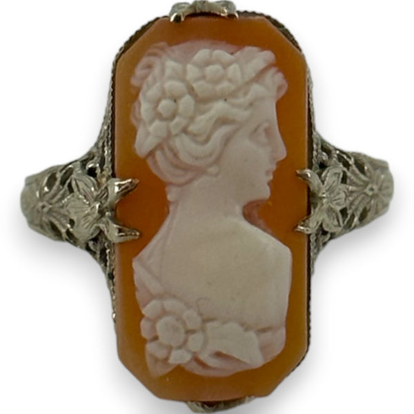 Early 1920s Art Deco 14kt White Gold Filigree and Conch Shell Cameo Ring