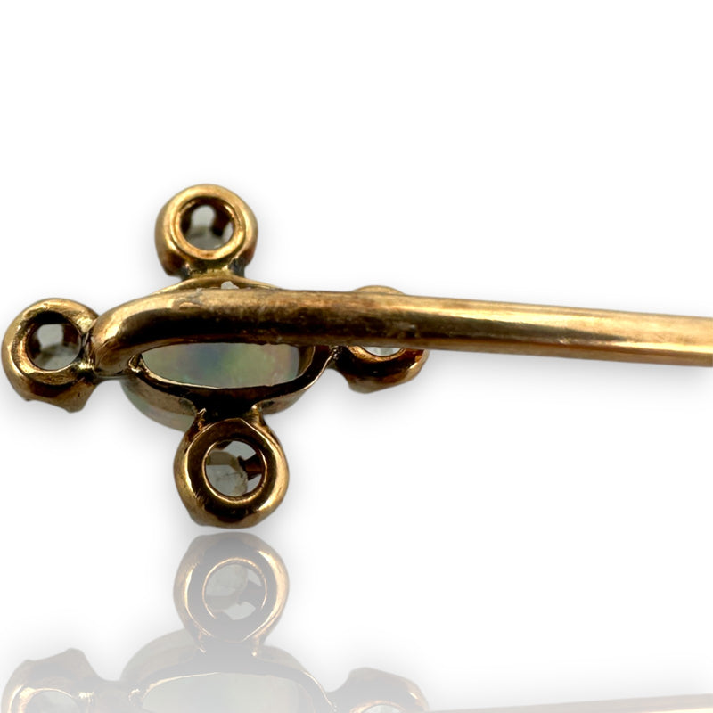 Antique 1860s-1880s 14kt Rose Gold Cravat/Lapel Stick Pin with Jelly Opal and Diamond Chips