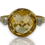 I. Reiss Solid 14k Yellow Textured Gold Checkerboard Cut Citrine and Diamond Accent Cocktail Ring Size 7.5