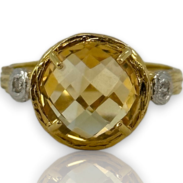 I. Reiss Solid 14k Yellow Textured Gold Checkerboard Cut Citrine and Diamond Accent Cocktail Ring Size 7.5